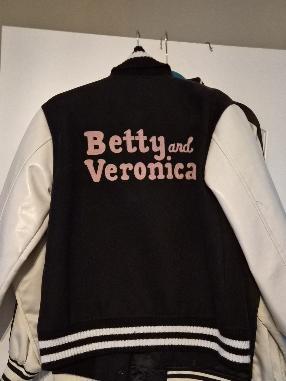 Rachel Antonoff Betty and Veronica Black & White Varsity Jacket Pink Lettering
